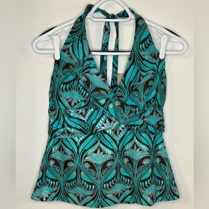 Anne Cole Teal Black Silver Halter Tankini Top Size Large